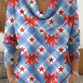 Women's Bow Plaid Art Print Cowl Neck Sweater