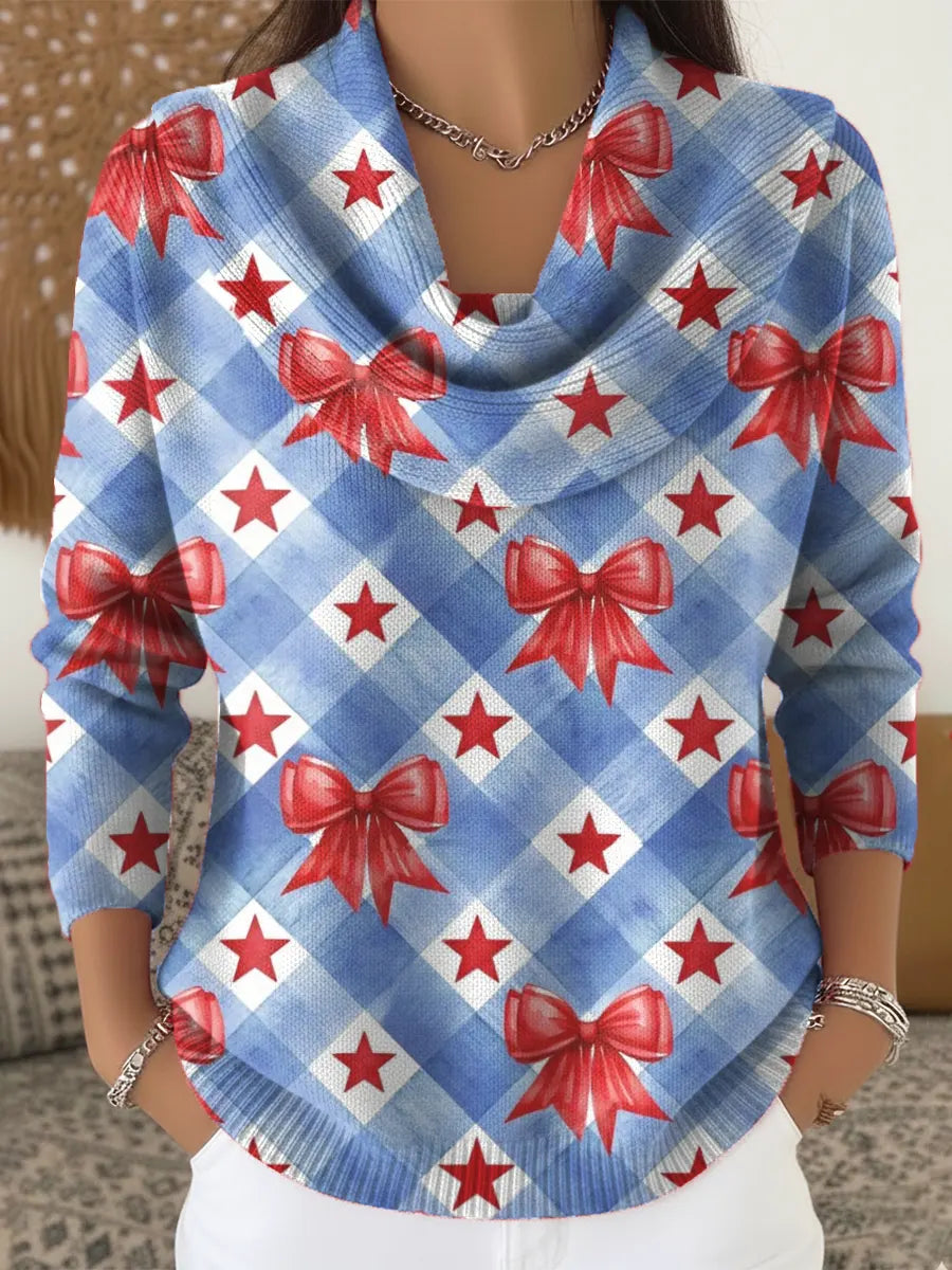 Women's Bow Plaid Art Print Cowl Neck Sweater