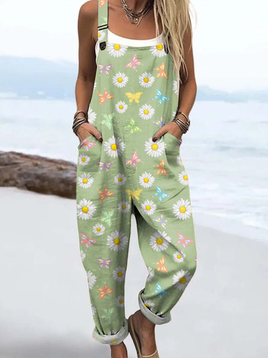 Women's Colourful Art Butterflies Print Casual 100% Cotton Wide Leg Jumpsuit