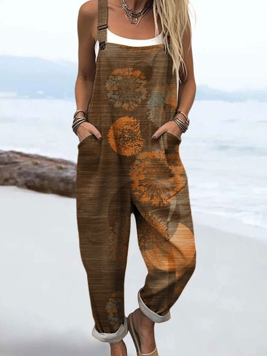 Women's Vintage Flower Art Print Casual 100% Cotton Wide Leg Jumpsuit