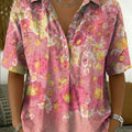 Women's Vintage Botanical Floral Casual Polo Collar Short-sleeved Linen And Cotton Shirt