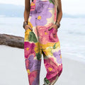 Women's Abstract Colorful Flowers Painting Art Print Casual 100% Cotton Wide Leg Jumpsuit