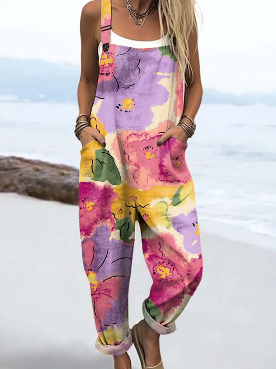 Women's Abstract Colorful Flowers Painting Art Print Casual 100% Cotton Wide Leg Jumpsuit