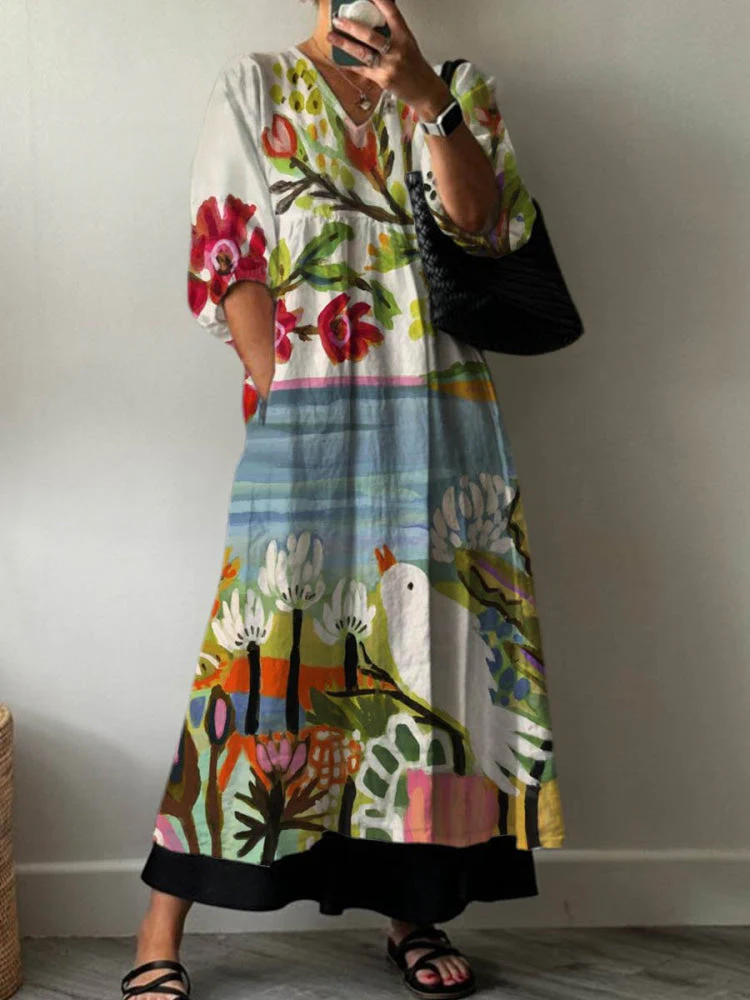 Women's Lovely Floral Bird Art Print Pocket V-neck Cotton Dress