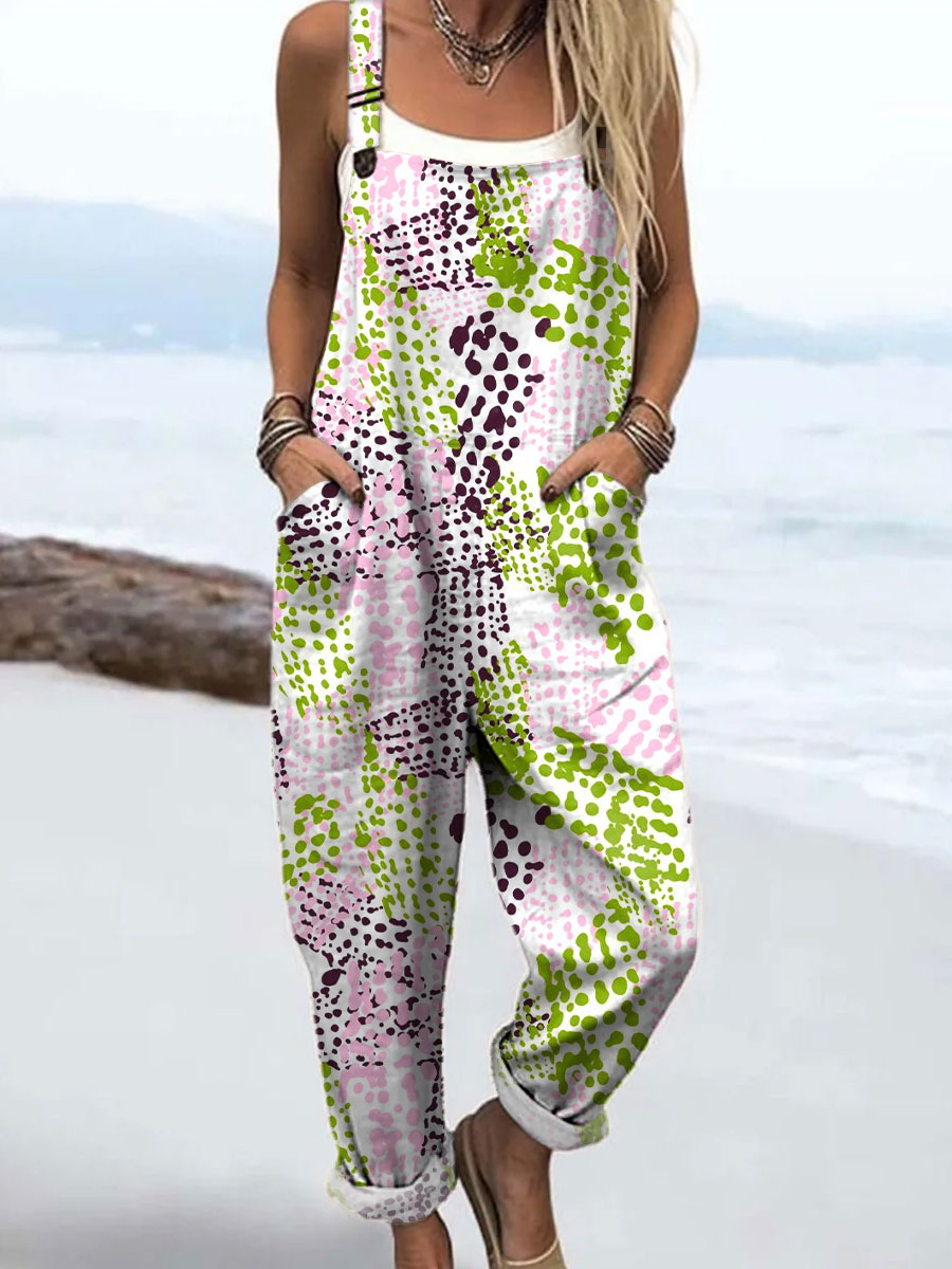 Women's Retro Abstract Spot Art Print Casual 100% Cotton Wide Leg Jumpsuit