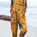 Women's Vintage Boho Art Print Casual 100% Cotton Wide Leg Jumpsuit
