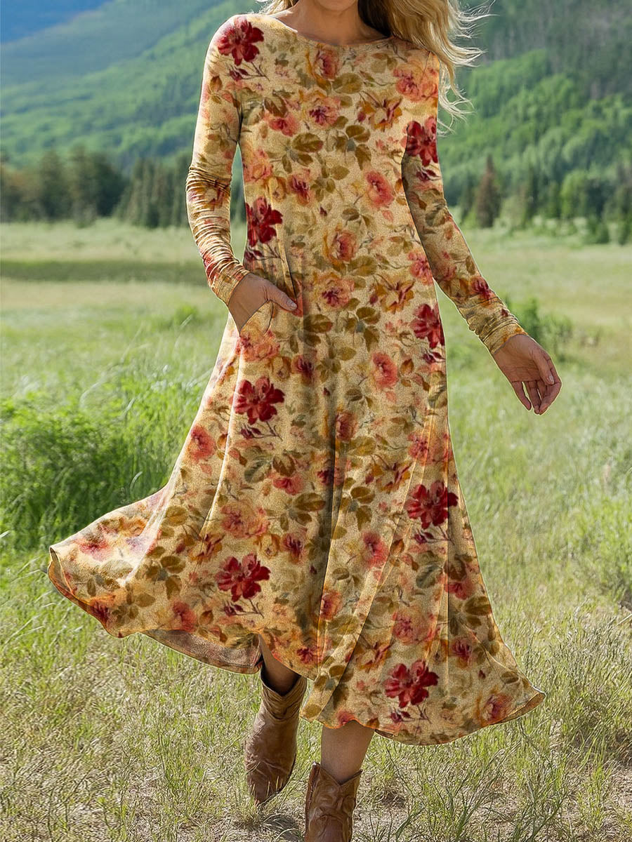 Women's Retro Floral Art Print Long-sleeved Dress