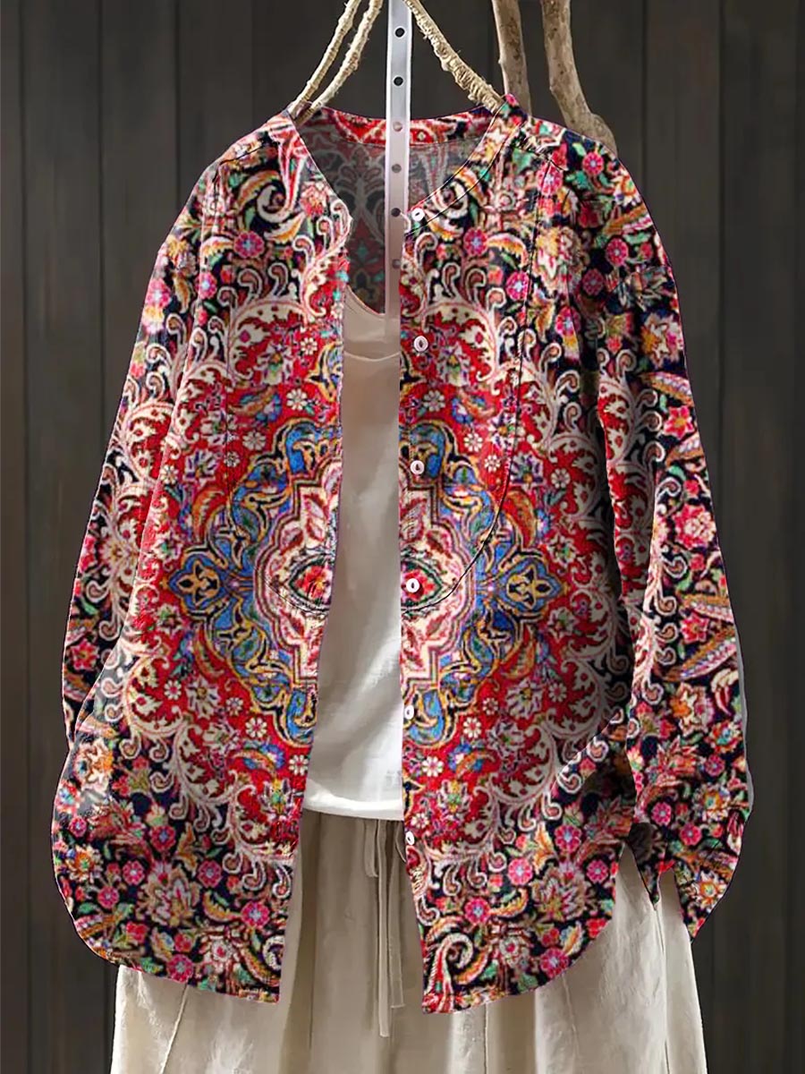 Women's Vintage Floral Art Print Casual Cotton And Linen Shirt