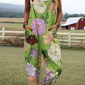 Women's Vintage Flower Art Print Casual 100% Cotton Wide Leg Jumpsuit