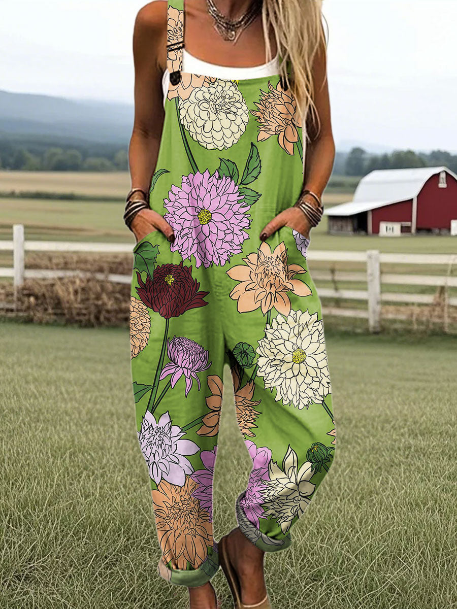 Women's Vintage Flower Art Print Casual 100% Cotton Wide Leg Jumpsuit