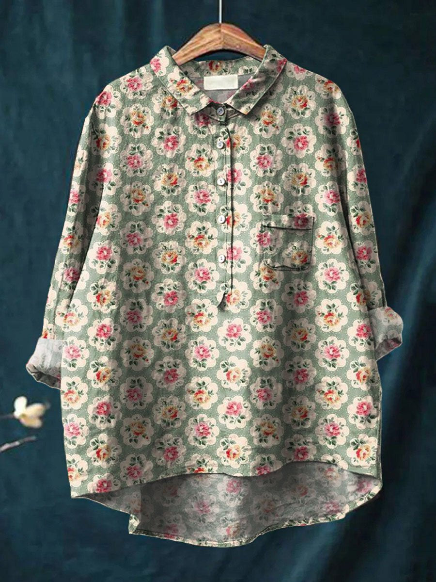 Women's Vintage Floral Art Print Casual Cotton And Linen Shirt