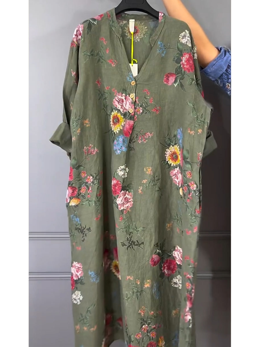Women's Floral Print V-Neck Cotton and Linen Dress