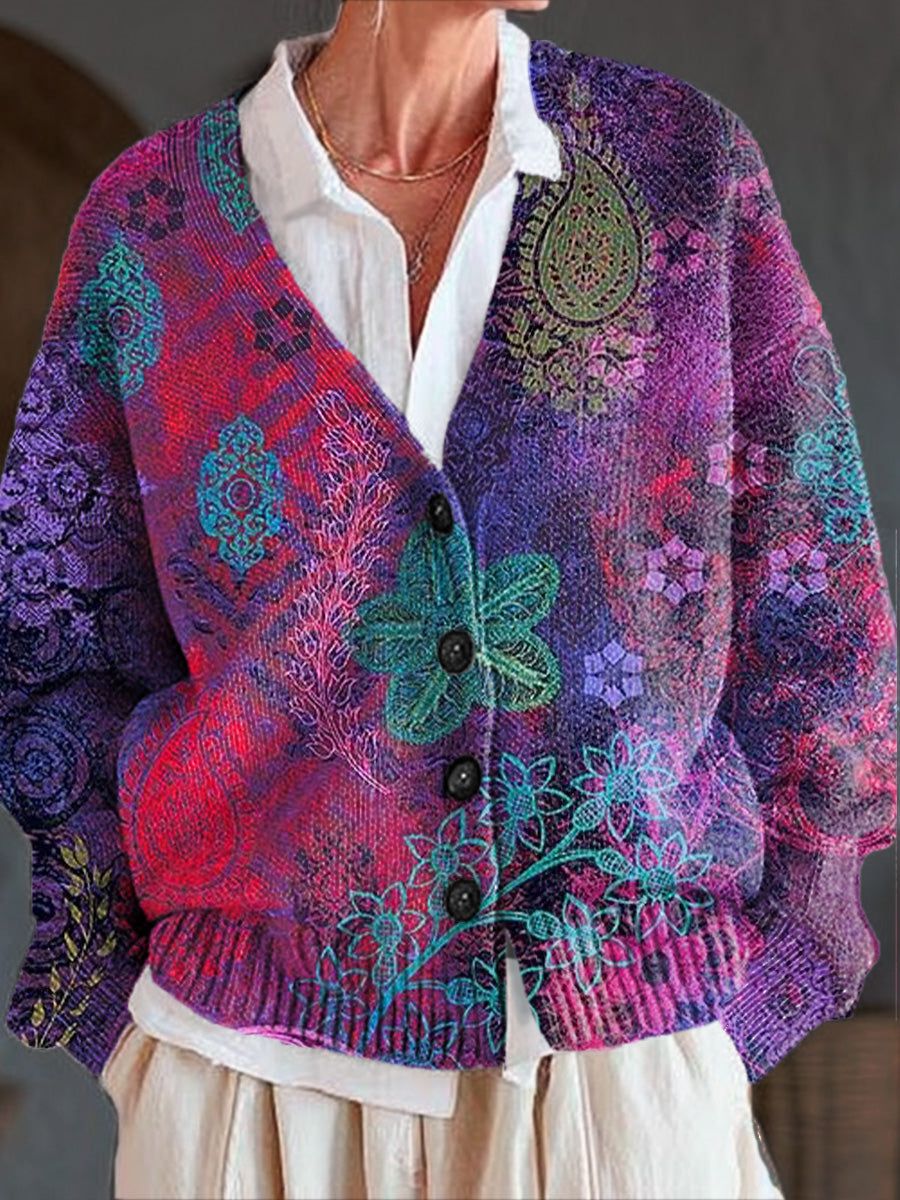 beautiful-ethnic-floral-painting-art-print-buttoned-v-neck-cardigan-sweater-m171