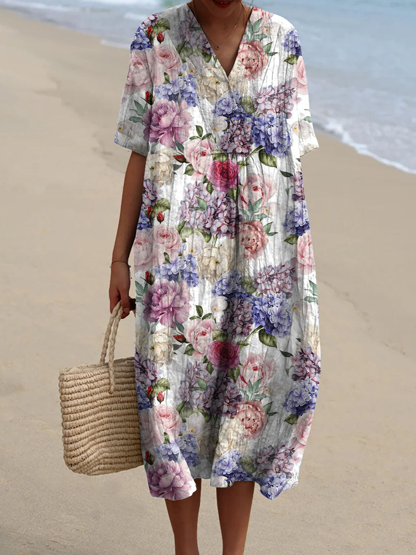 Women's Vintage Lovely Floral Art Print Flowy Cotton Dress