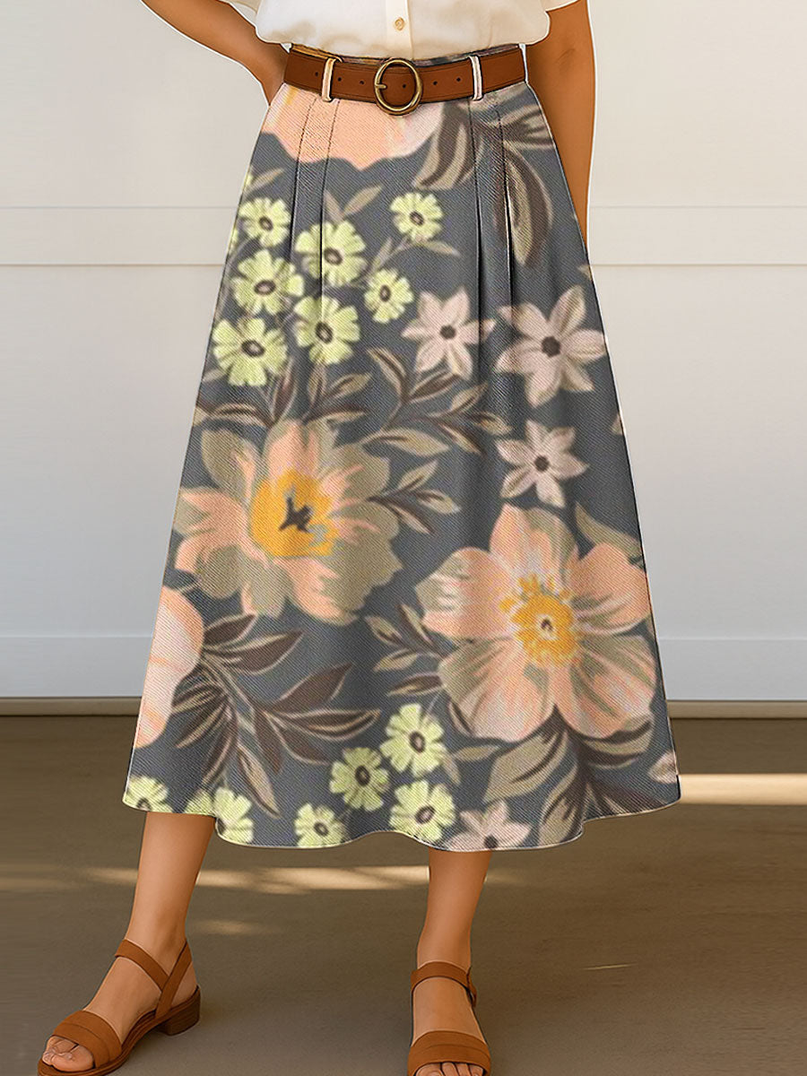 Women's Retro Flower Pattern Print Casual Cotton Skirt