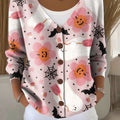 Halloween Pumpkin Ghost Spider Web Bats Print Buttoned V-neck Cardigan Sweater