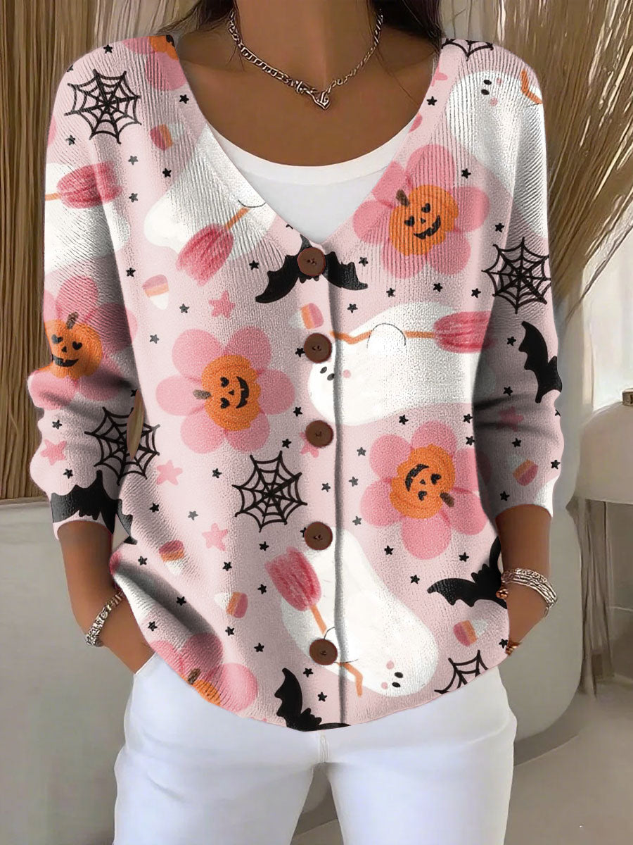 Halloween Pumpkin Ghost Spider Web Bats Print Buttoned V-neck Cardigan Sweater