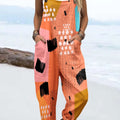 Women's Vintage Abstract Geometric Line Art Print Casual 100% Cotton Wide Leg Jumpsuit