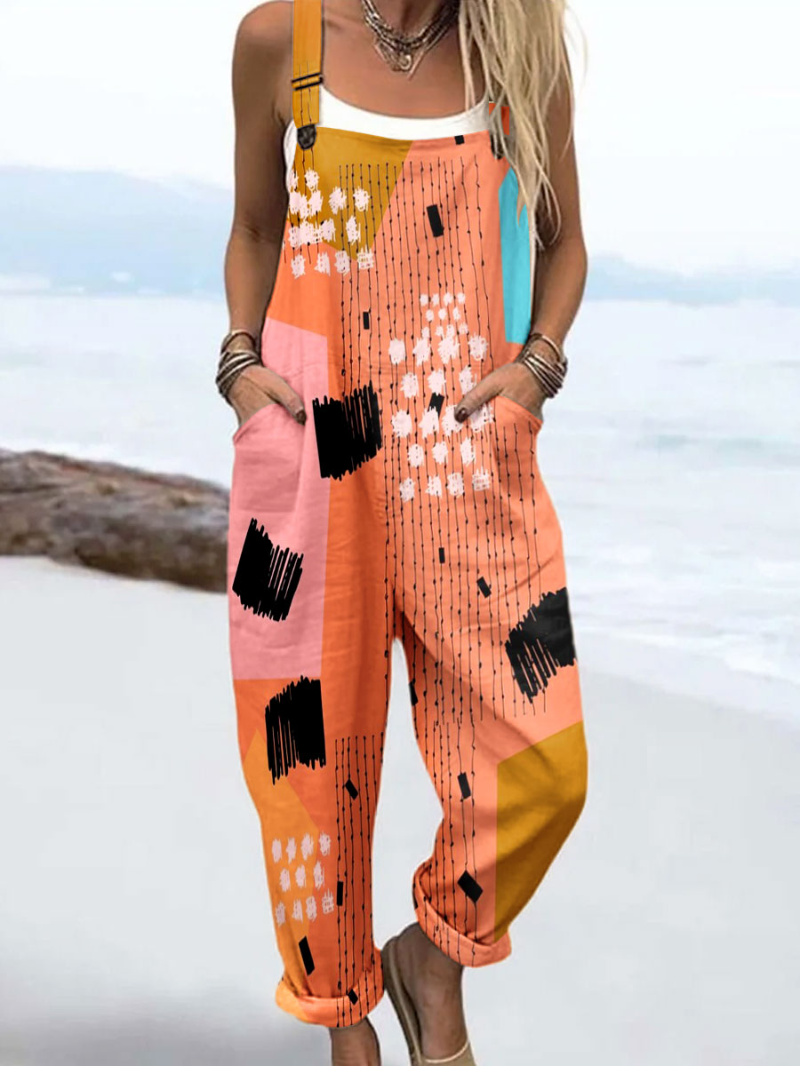 Women's Vintage Abstract Geometric Line Art Print Casual 100% Cotton Wide Leg Jumpsuit