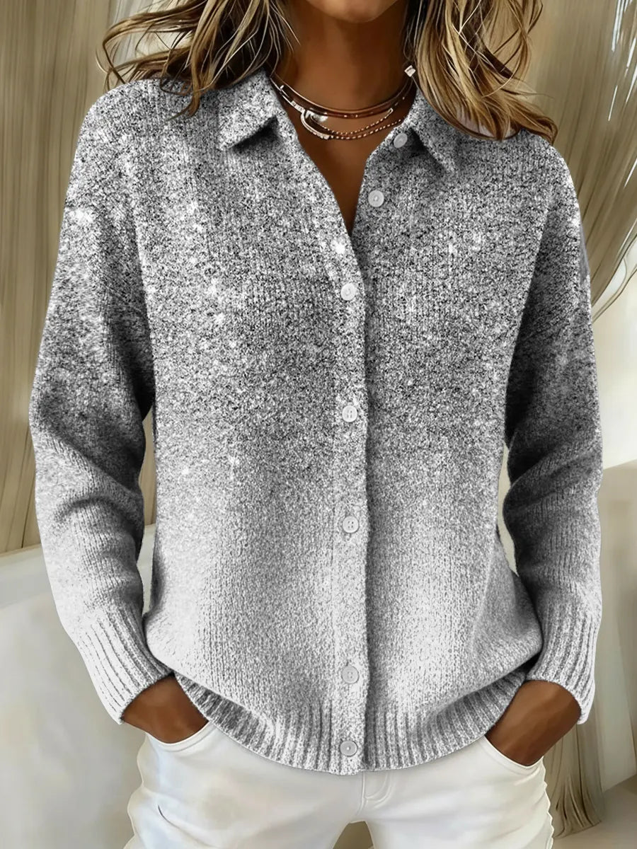 Women's Silver Gradient Printed Collared Sweater