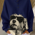 Women's Vintage Sunglasses Coffee Dog Art Print Casual Waffle Henry Collar Sweatshirt
