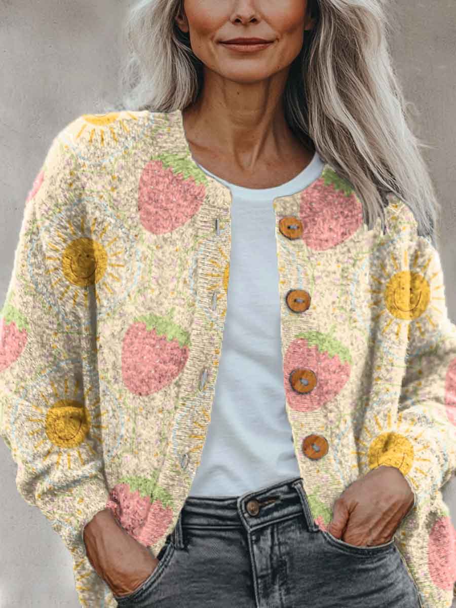 abstract-geometry-flowers-strawberry-art-pattern-print-buttoned-cardigan-sweater