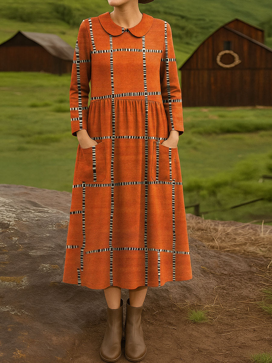 Women's Vintage  Plaid  Art Print Cotton Lapel Button-Down Shirt Dress