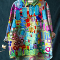 Colorful Abstract Painting Printed Women's Casual Cotton And Linen Shirt