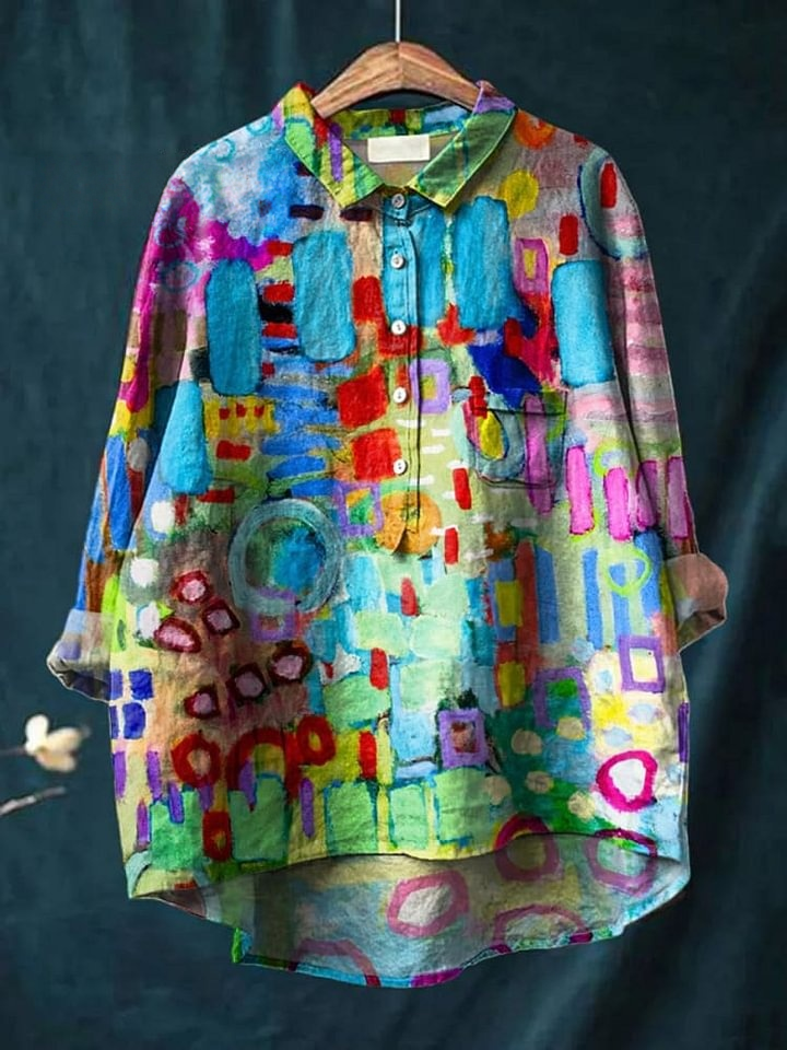 Colorful Abstract Painting Printed Women's Casual Cotton And Linen Shirt