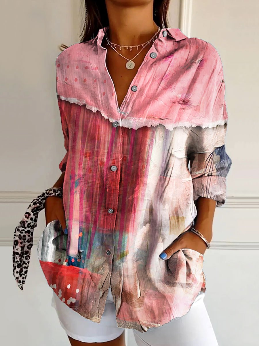 Women's Vintage Colorful Abstract Painting Art Print Casual Cotton Shirt