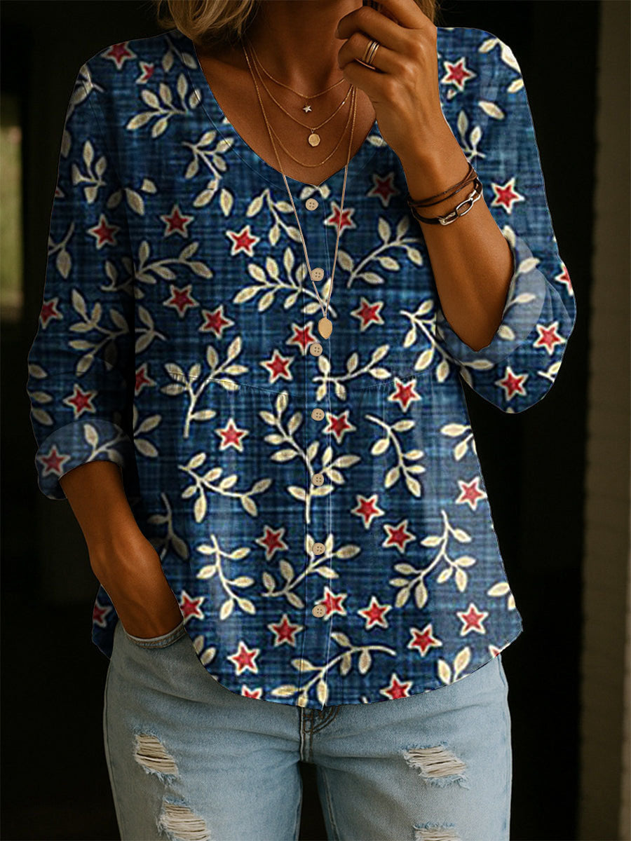 Women's Floral Pattern Art Print Casual Cotton Shirt