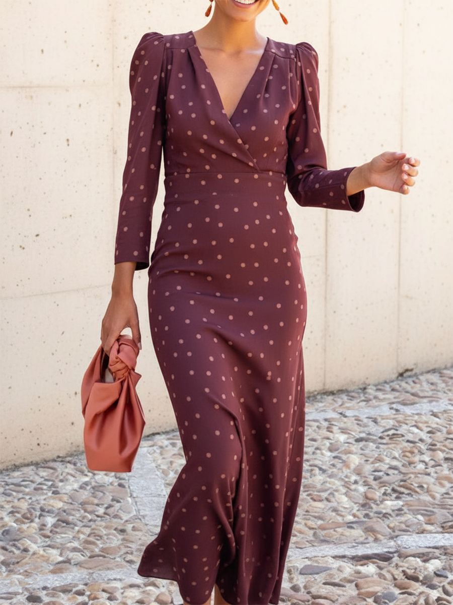 Retro Elegant V-neck Polka Dot Print Midi Dress