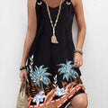 Black Circular Ring Leaf Print A Line Sleeveless Dress