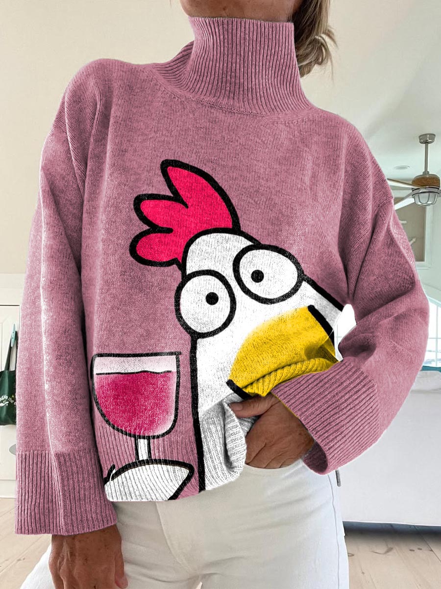 womens-funny-chicken-pattern-art-print-knit-turtleneck-pullover-sweater