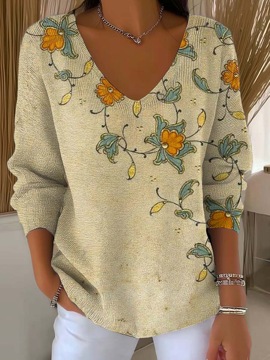 Women's Vintage Floral Art Print Casual Pullover Sweater