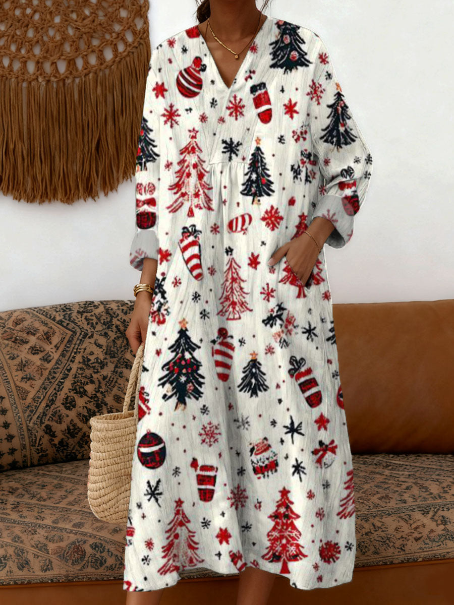 Women's Christmas Tree Pattern Art Print Cotton Dress