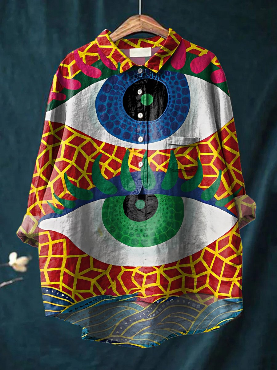 Women's Abstract Art Eyes Print Casual Cotton And Linen Shirt