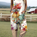 Women's Funny Chicken Pattern Art Print Casual 100% Cotton Wide Leg Jumpsuit