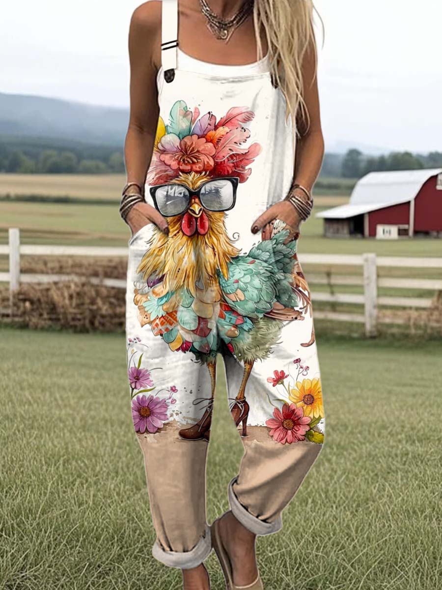 Women's Funny Chicken Pattern Art Print Casual 100% Cotton Wide Leg Jumpsuit