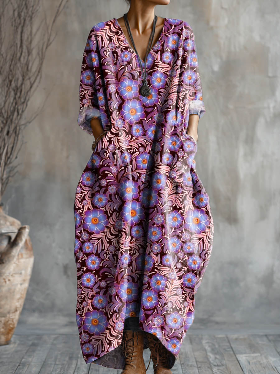 Women's Vintage Floral Art Pattern Print Pocket V-neck Cotton Dress