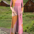 Women's Contrasting Color Blocks Art Print Long-sleeved Dress