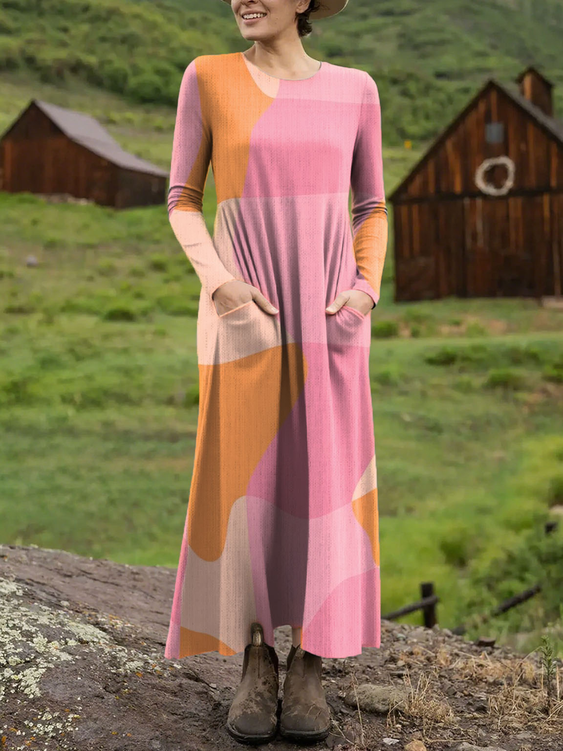 Women's Contrasting Color Blocks Art Print Long-sleeved Dress