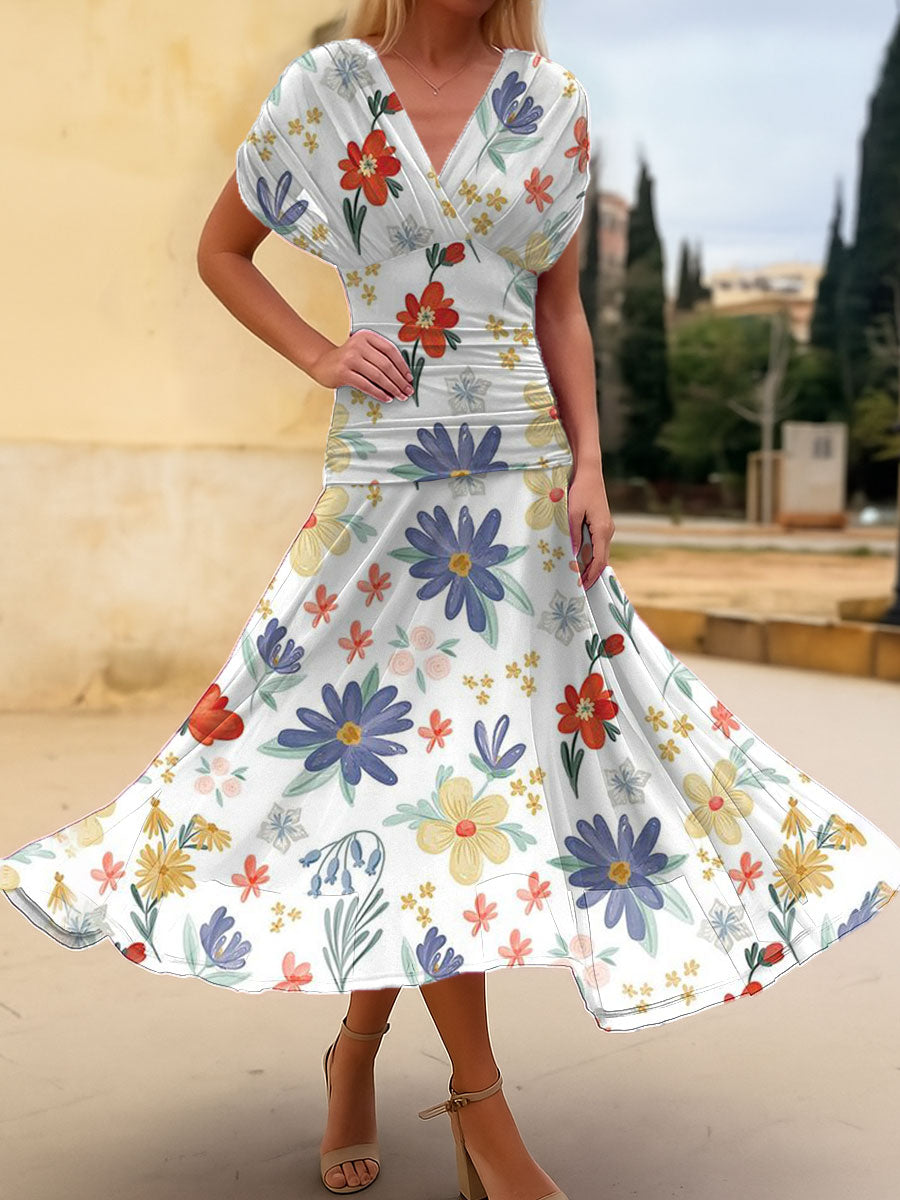 Women's Vintage Flower Art Print  Flowy Casual Dress