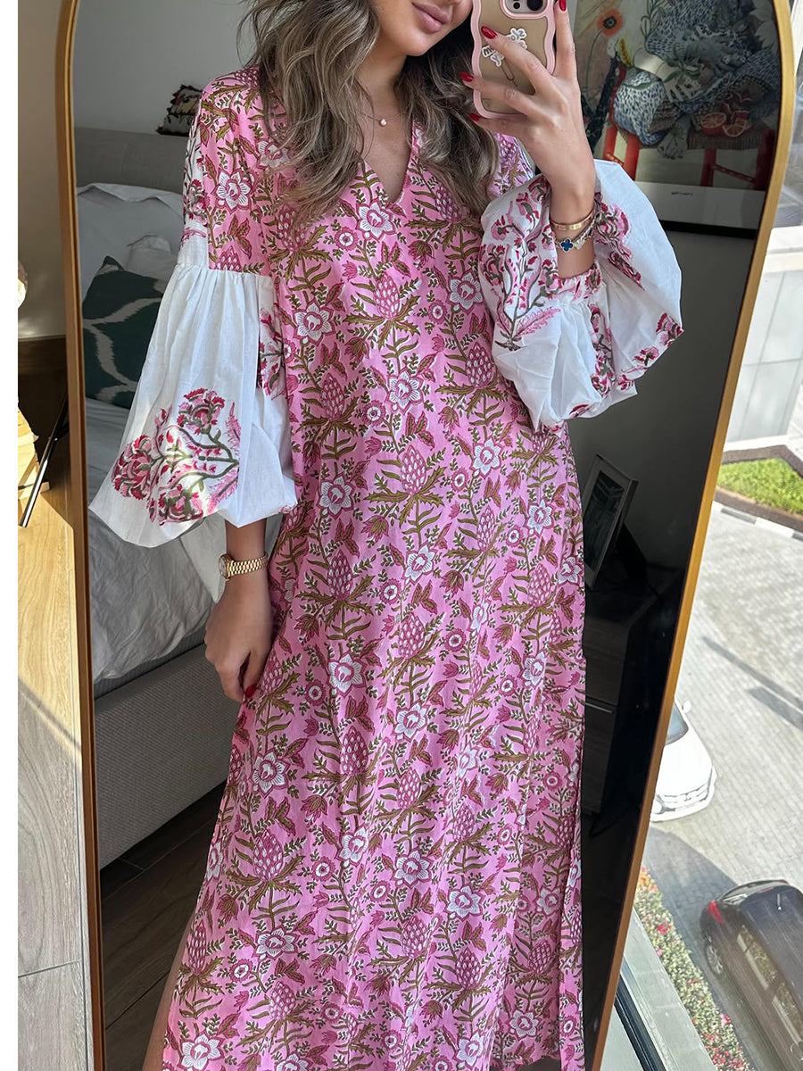 Women's Floral Print Loose Lantern Sleeve Kaftan Dress
