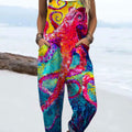 Women's  Retro Colored Octopus Art Print Casual 100% Cotton Wide Leg Jumpsuit