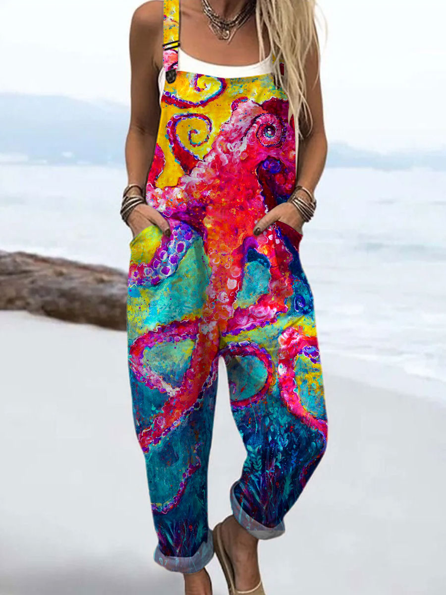 Women's  Retro Colored Octopus Art Print Casual 100% Cotton Wide Leg Jumpsuit