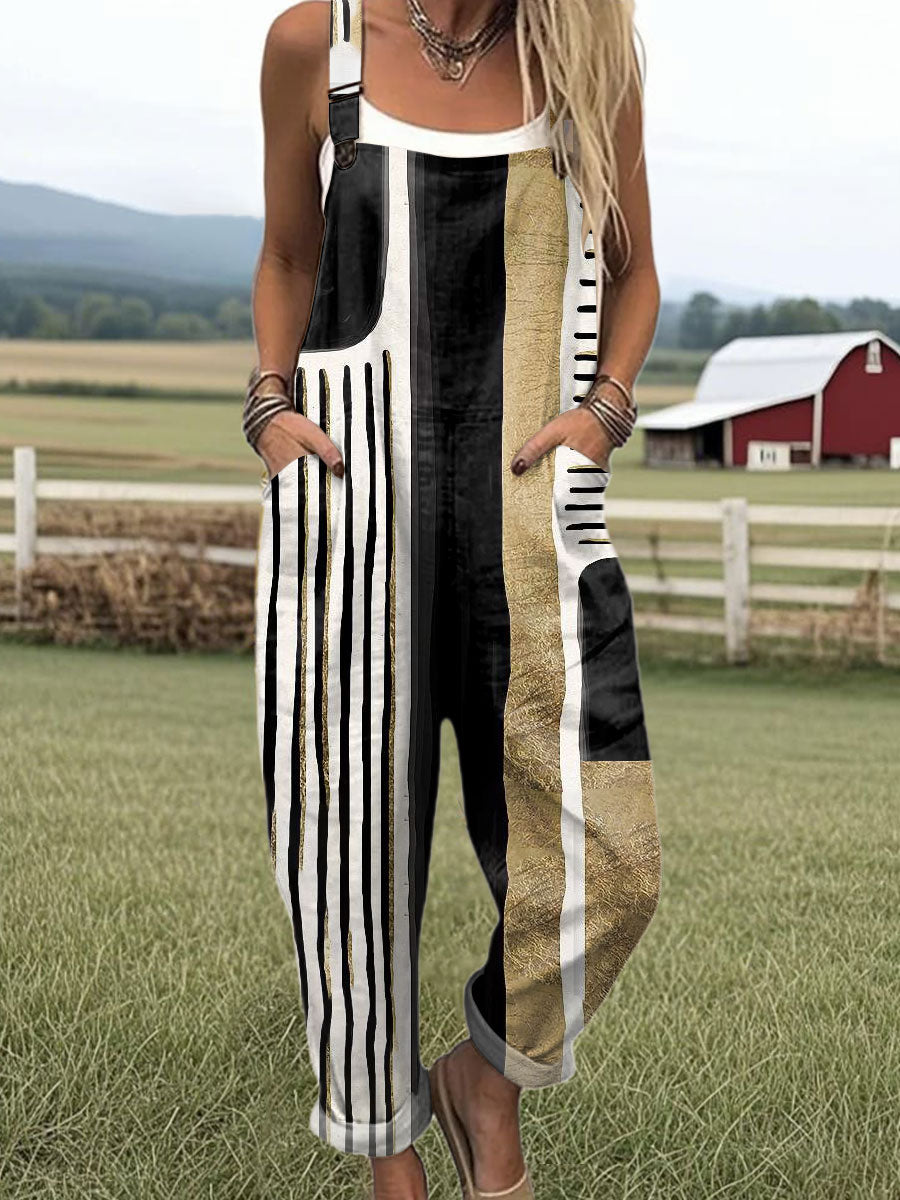 Women's  Vintage Abstract Geometric Art Print Casual 100% Cotton Wide Leg Jumpsuit