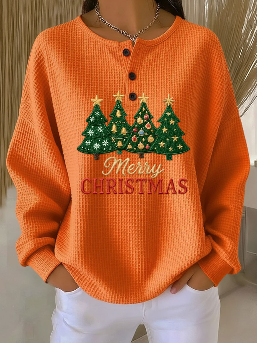 Women's Vintage Christmas Tree Art Print Casual Cotton Sweatshirt