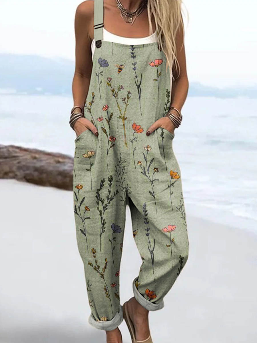 Women's Vintage Floral Art Print Casual 100% Cotton Wide Leg Jumpsuit
