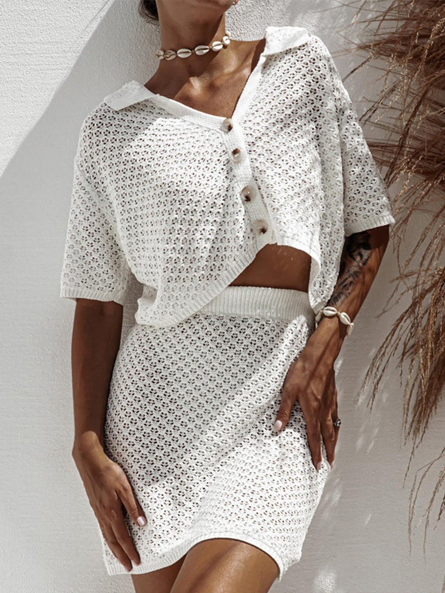 Women's Fashion Knitted Short Sleeve Skirt Set